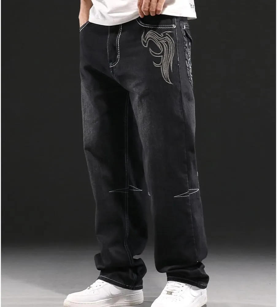 Mens Loose Fit Hip Hop Jeans Casual Cargo Denim Pants with Multi Pockets