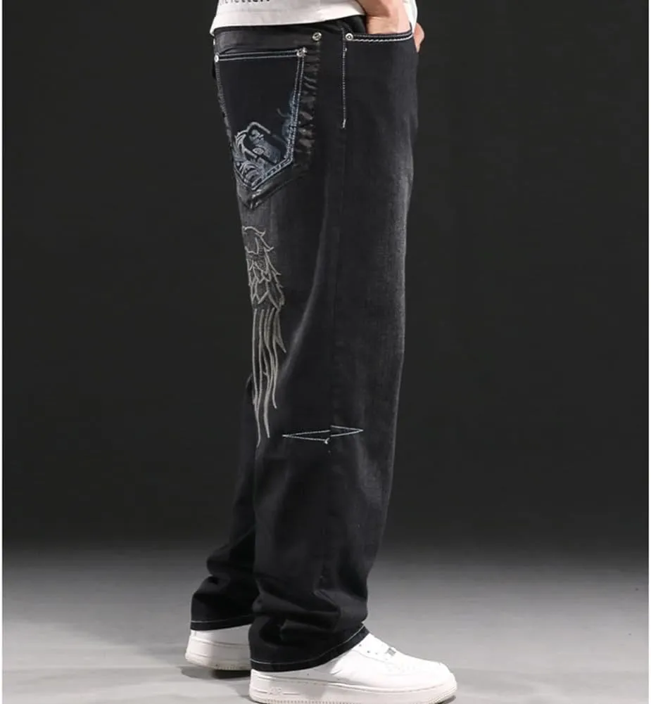 Mens Loose Fit Hip Hop Jeans Casual Cargo Denim Pants with Multi Pockets