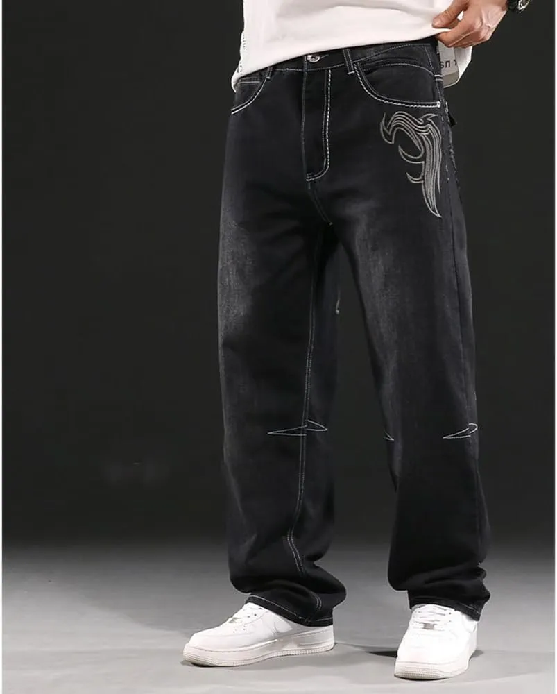 Mens Loose Fit Hip Hop Jeans Casual Cargo Denim Pants with Multi Pockets