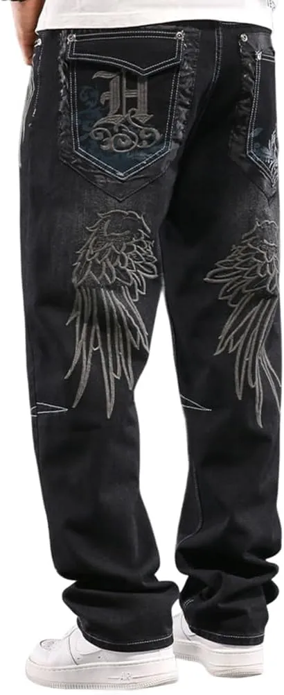 Mens Loose Fit Hip Hop Jeans Casual Cargo Denim Pants with Multi Pockets