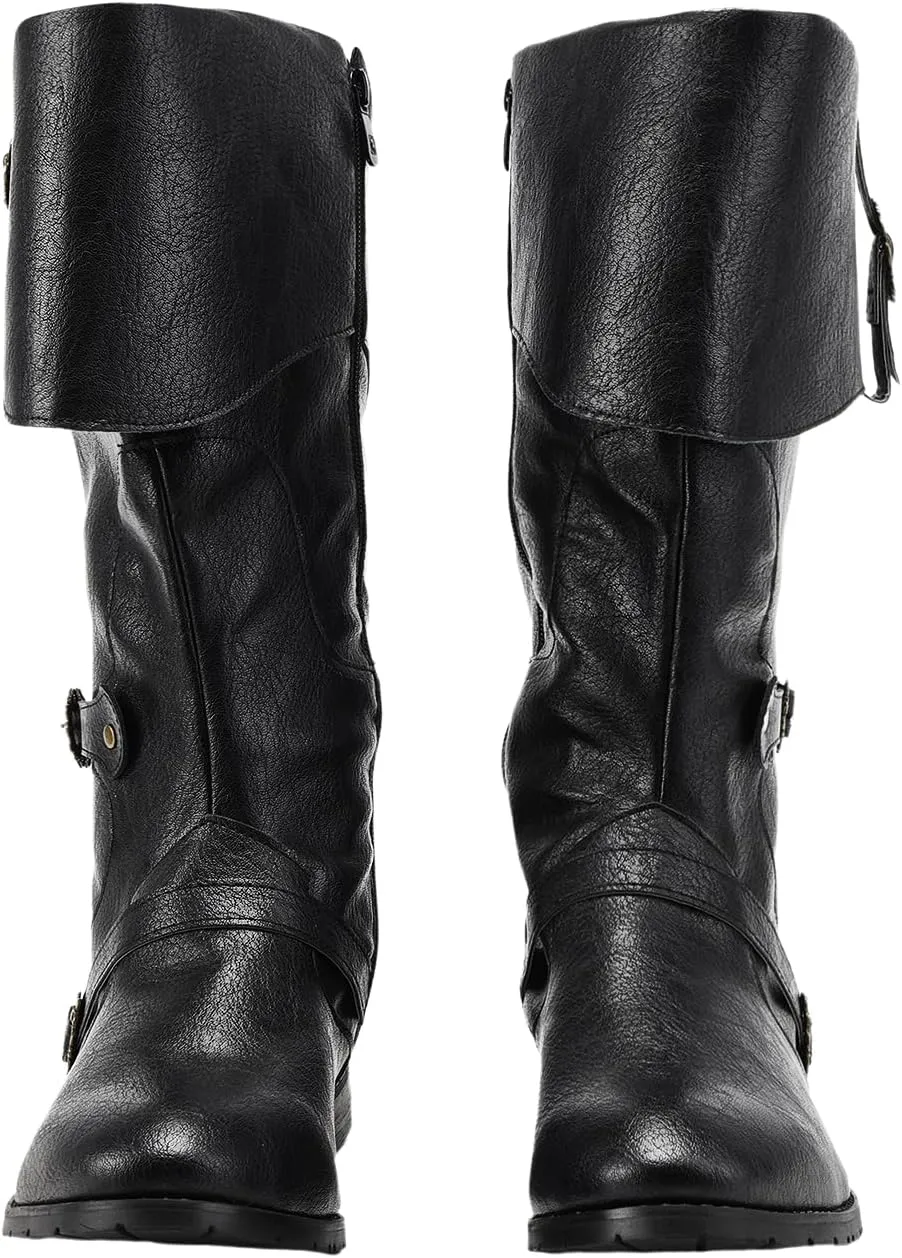 Mens Medieval Renaissance Cosplay Boots Halloween PU Leather Mid Calf Vintage Pirate Viking Shoes