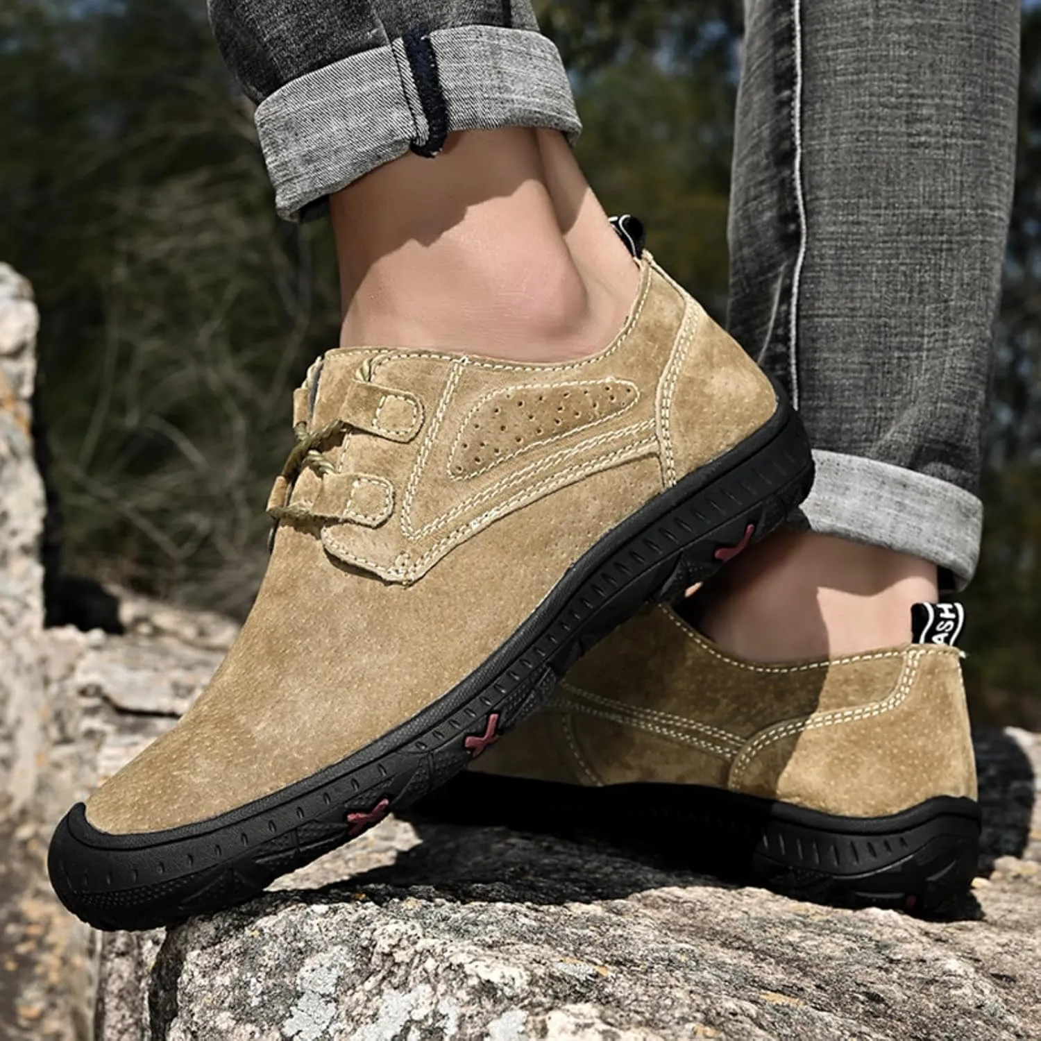Men's Outdoor Casual Hiking Shoes Leather Upper with Reinforced Toe Cap Anti-Slip Rubber Sole for Trekking/Walking/Driving Ventilated Stitched Design with Lacing System