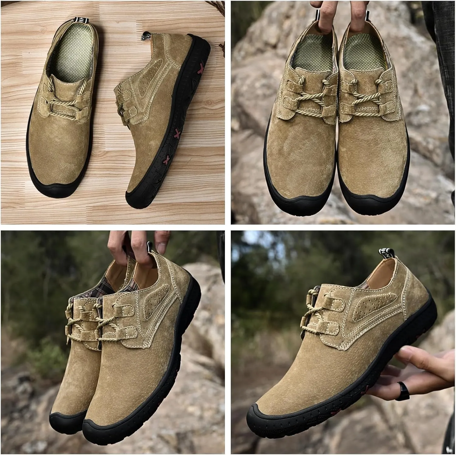 Men's Outdoor Casual Hiking Shoes Leather Upper with Reinforced Toe Cap Anti-Slip Rubber Sole for Trekking/Walking/Driving Ventilated Stitched Design with Lacing System