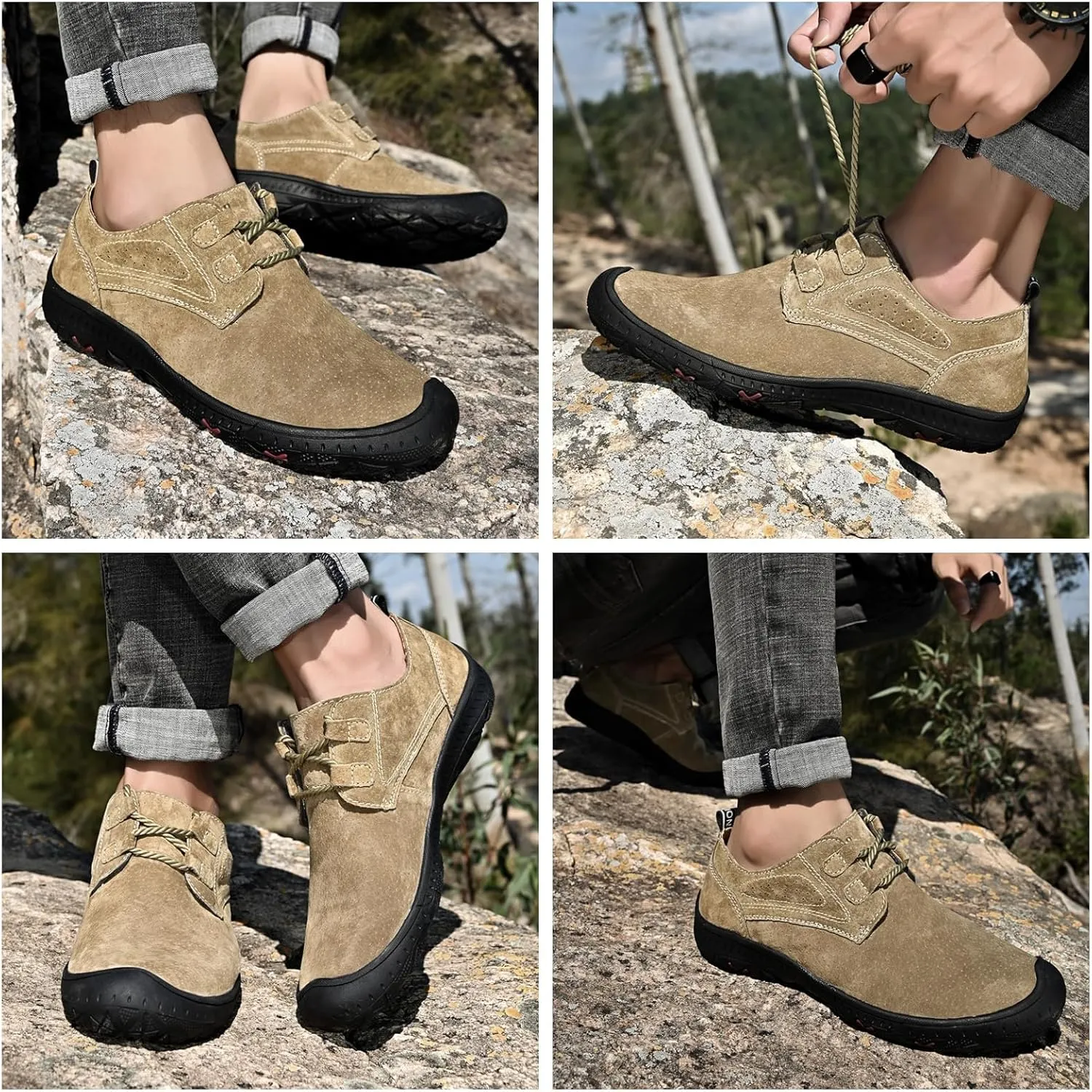 Men's Outdoor Casual Hiking Shoes Leather Upper with Reinforced Toe Cap Anti-Slip Rubber Sole for Trekking/Walking/Driving Ventilated Stitched Design with Lacing System