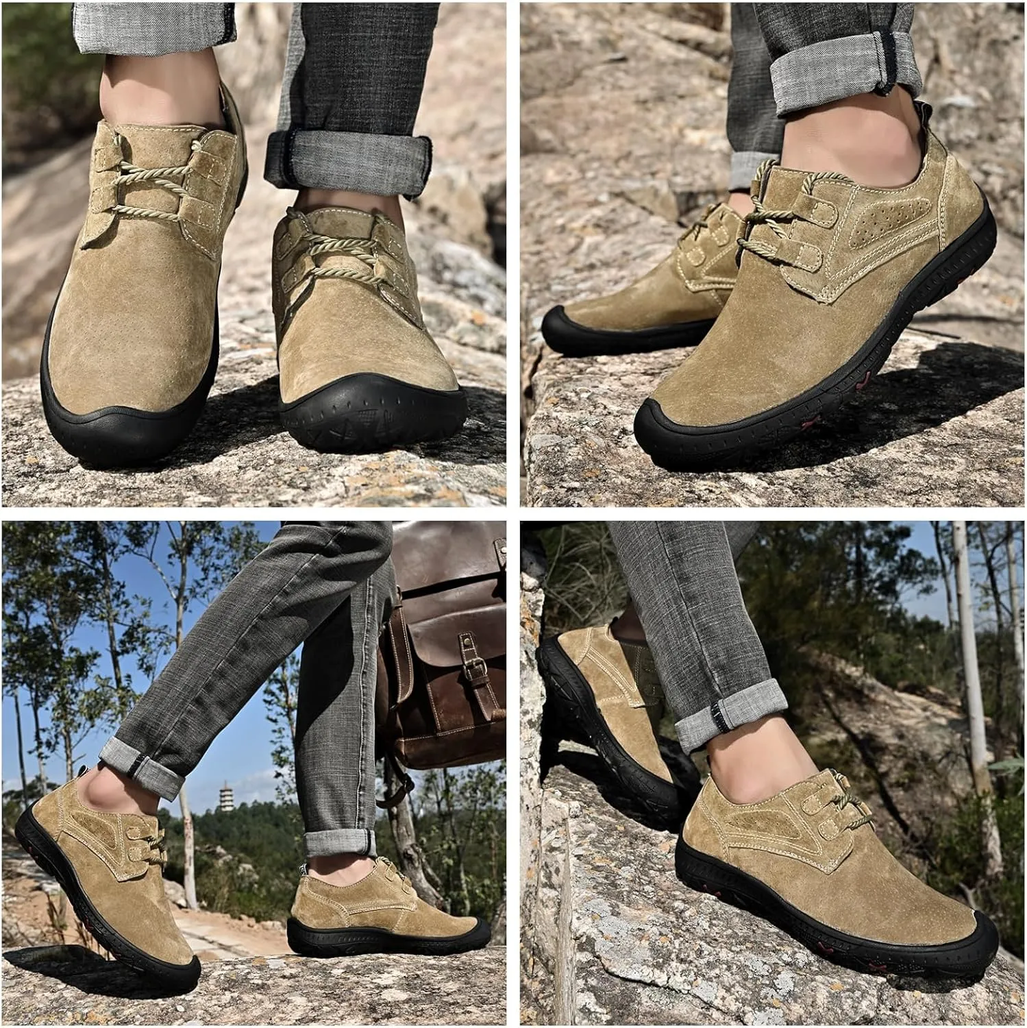 Men's Outdoor Casual Hiking Shoes Leather Upper with Reinforced Toe Cap Anti-Slip Rubber Sole for Trekking/Walking/Driving Ventilated Stitched Design with Lacing System