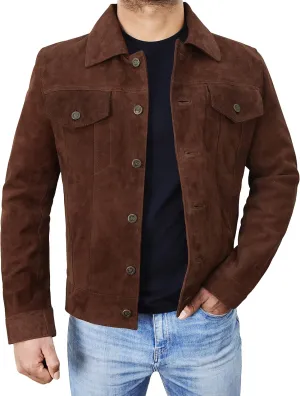 Mens Premium Brown Suede Leather Trucker Jacket - Vintage Classic Motorcycle Western Goat Leather Coat