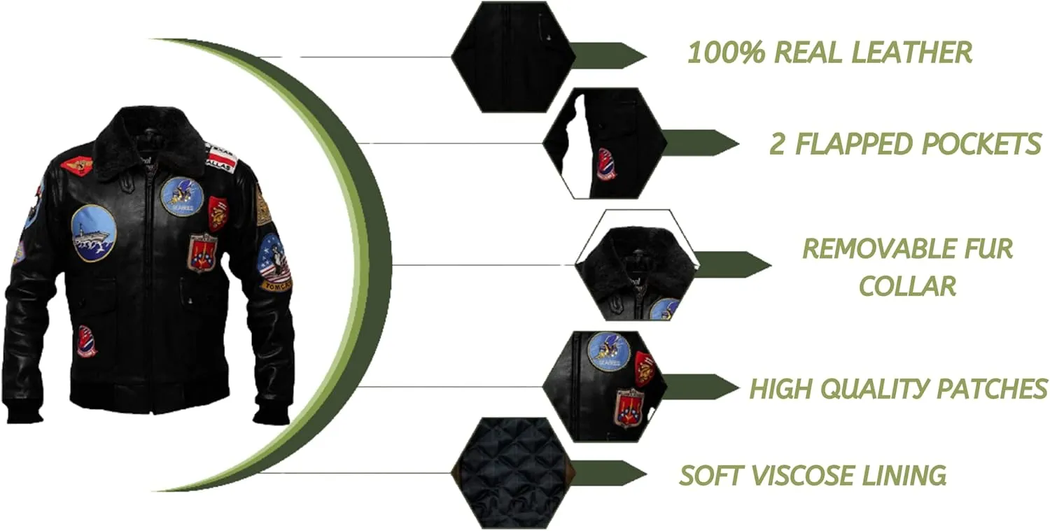 Mens Real Leather Fur Collar Flight Jacket Tom Air Force Aviator Pilot Flying G1 Bomber USAAF Maverick Jacket