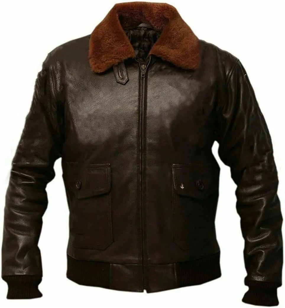 Mens Real Leather Fur Collar Flight Jacket Tom Air Force Aviator Pilot Flying G1 Bomber USAAF Maverick Jacket