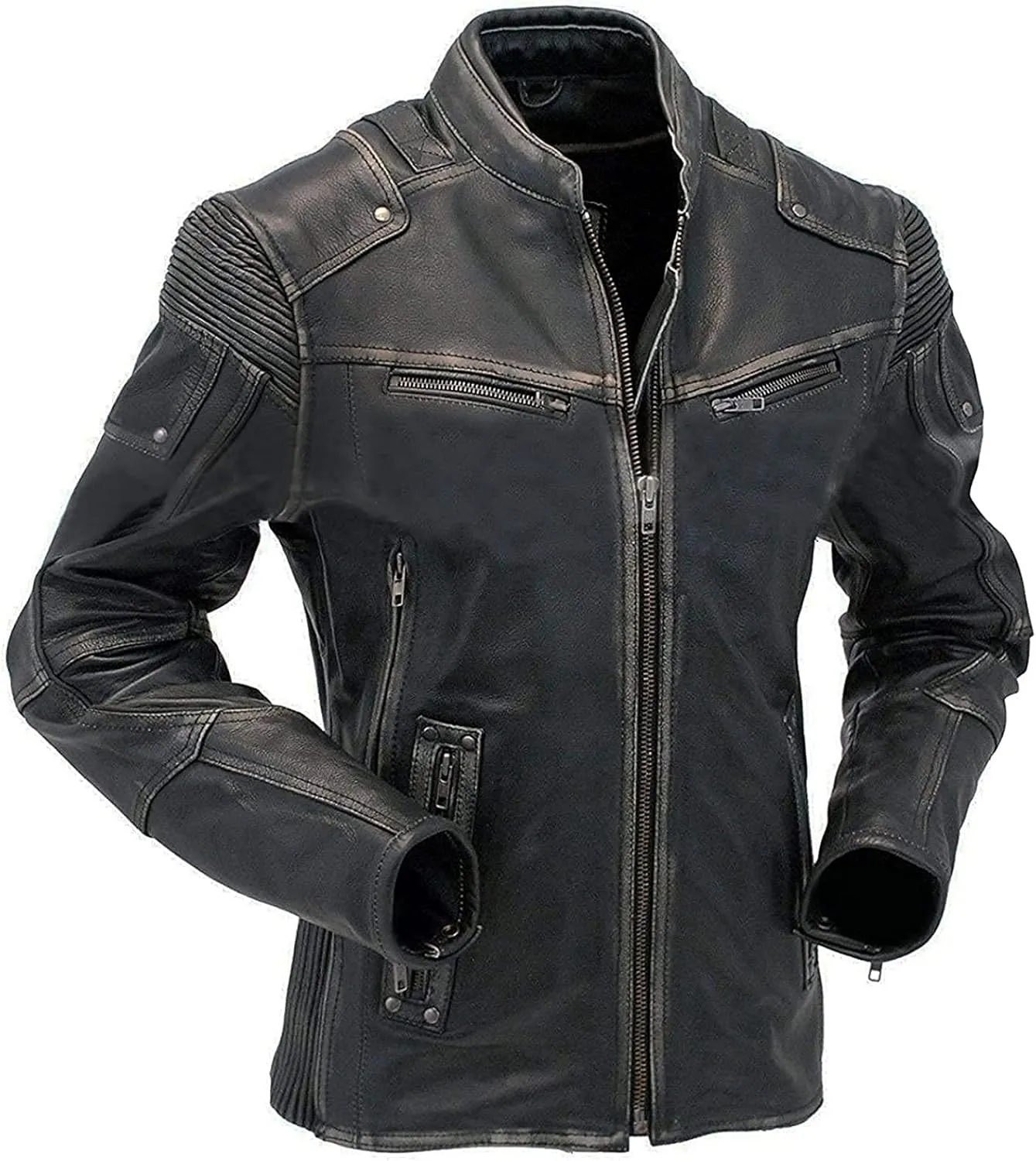 Men's Retro Distressed Motorcycle Leather Jacket - Vintage Cafe Racer Biker Leather Jacket For Men