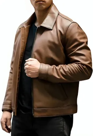 Mens Shirt Collar Genuine Real Lambskin Leather Jacket For Men Vintage Classic Biker Style with Zip Out Liner