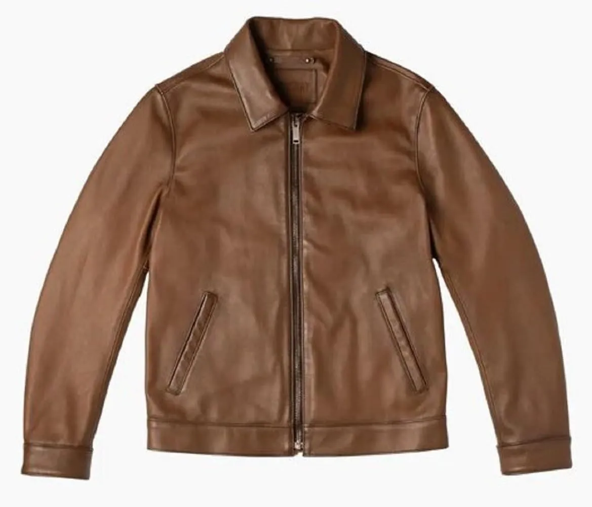 Mens Shirt Collar Genuine Real Lambskin Leather Jacket For Men Vintage Classic Biker Style with Zip Out Liner