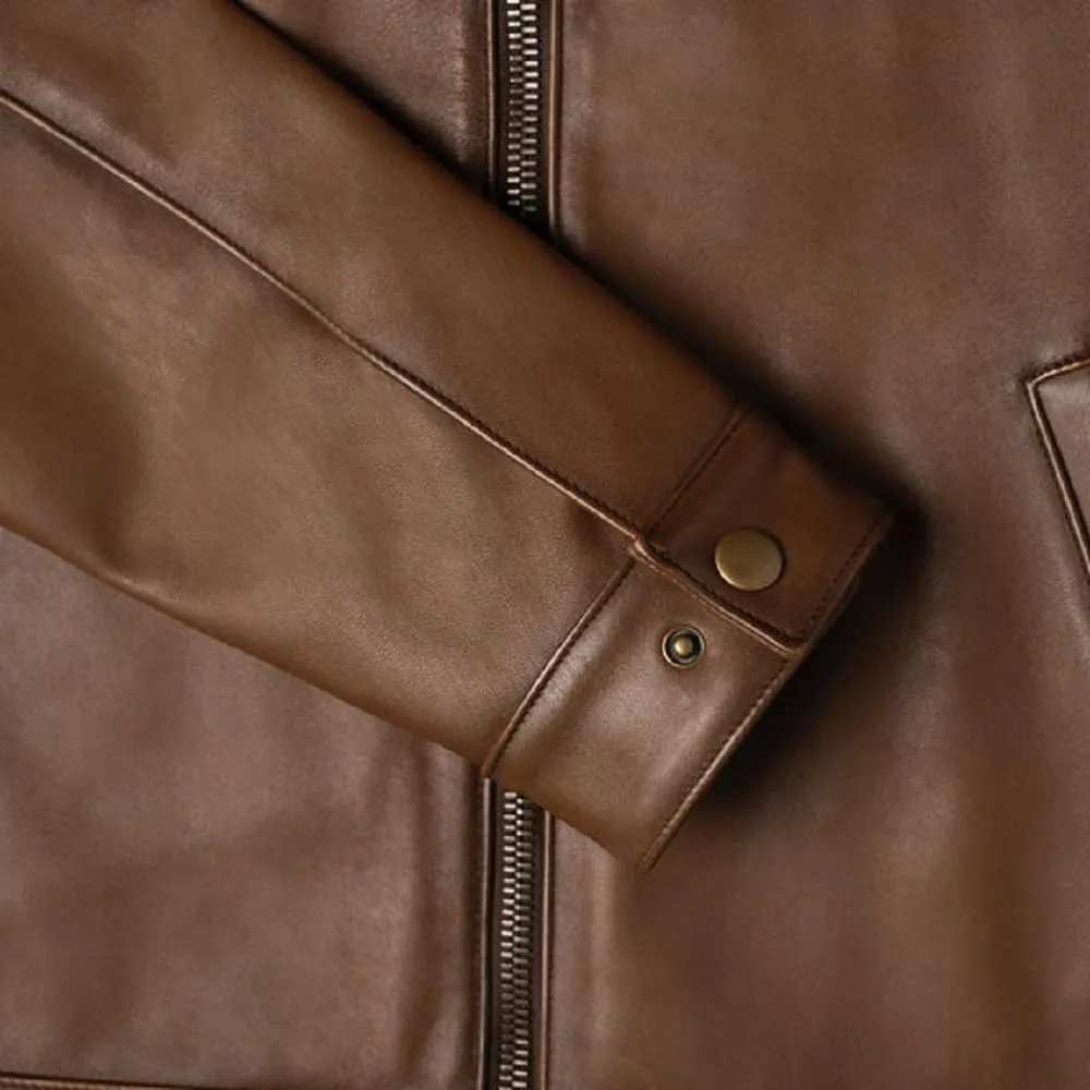 Mens Shirt Collar Genuine Real Lambskin Leather Jacket For Men Vintage Classic Biker Style with Zip Out Liner