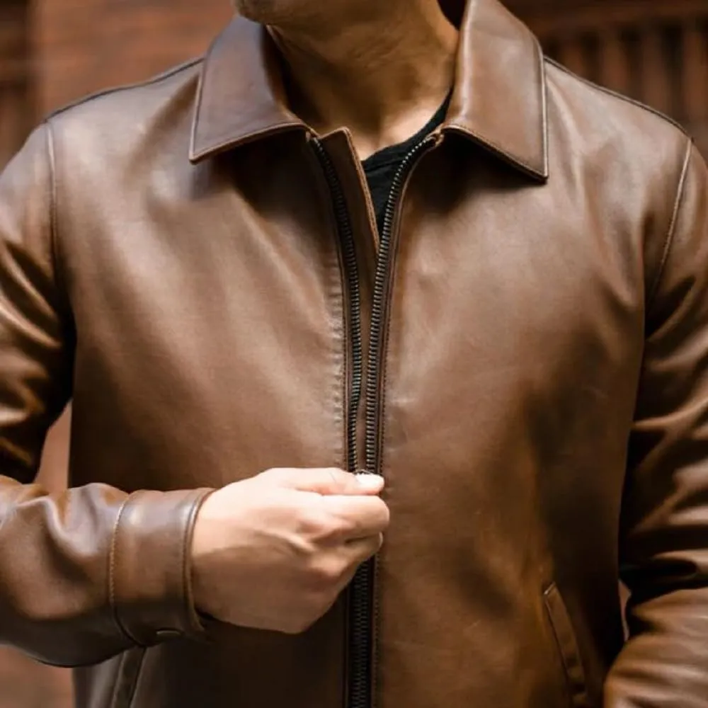 Mens Shirt Collar Genuine Real Lambskin Leather Jacket For Men Vintage Classic Biker Style with Zip Out Liner