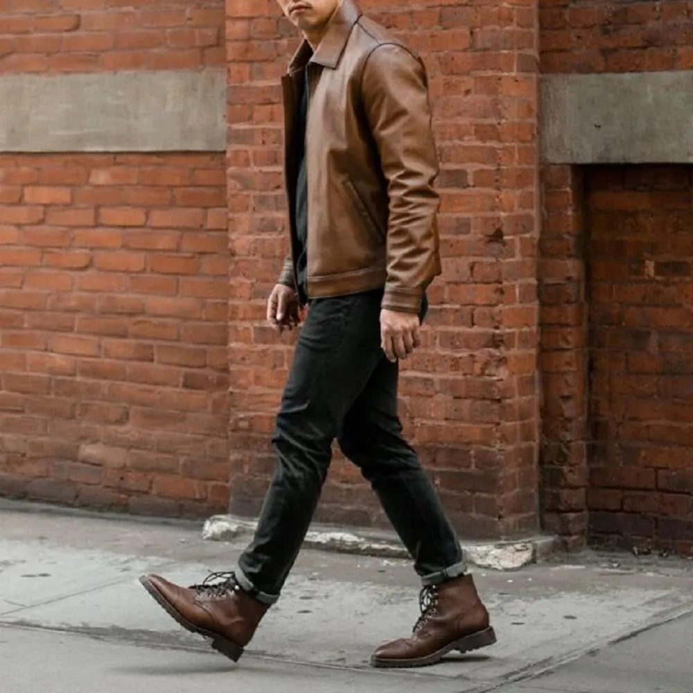 Mens Shirt Collar Genuine Real Lambskin Leather Jacket For Men Vintage Classic Biker Style with Zip Out Liner
