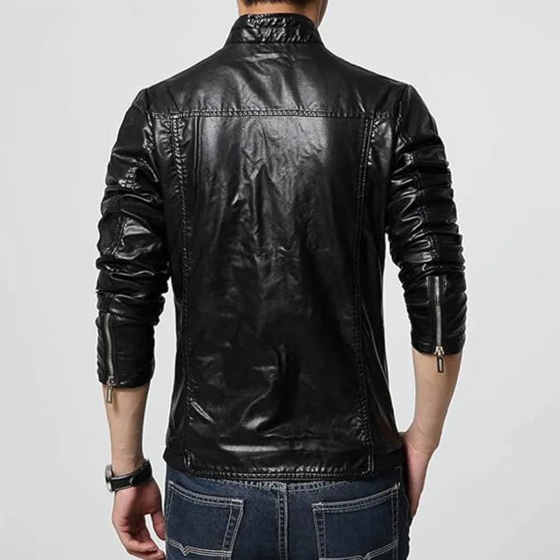 Men's Stand Collar Leather Jacket Genuine Lambskin Leather Slim Fit Biker Motorcycle Jacket