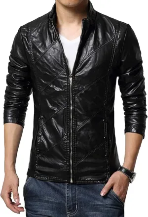 Men's Stand Collar Leather Jacket Genuine Lambskin Leather Slim Fit Biker Motorcycle Jacket