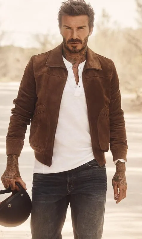 Mens Suede Jacket - David Vintage Brown Bomber Genuine Leather Biker Style Jackets For men Fashion
