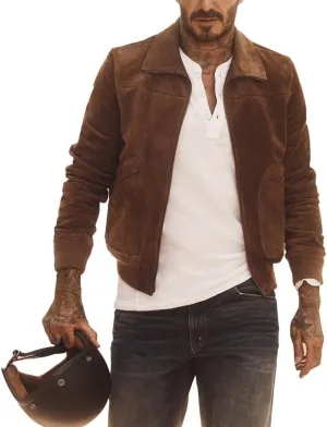 Mens Suede Jacket - David Vintage Brown Bomber Genuine Leather Biker Style Jackets For men Fashion