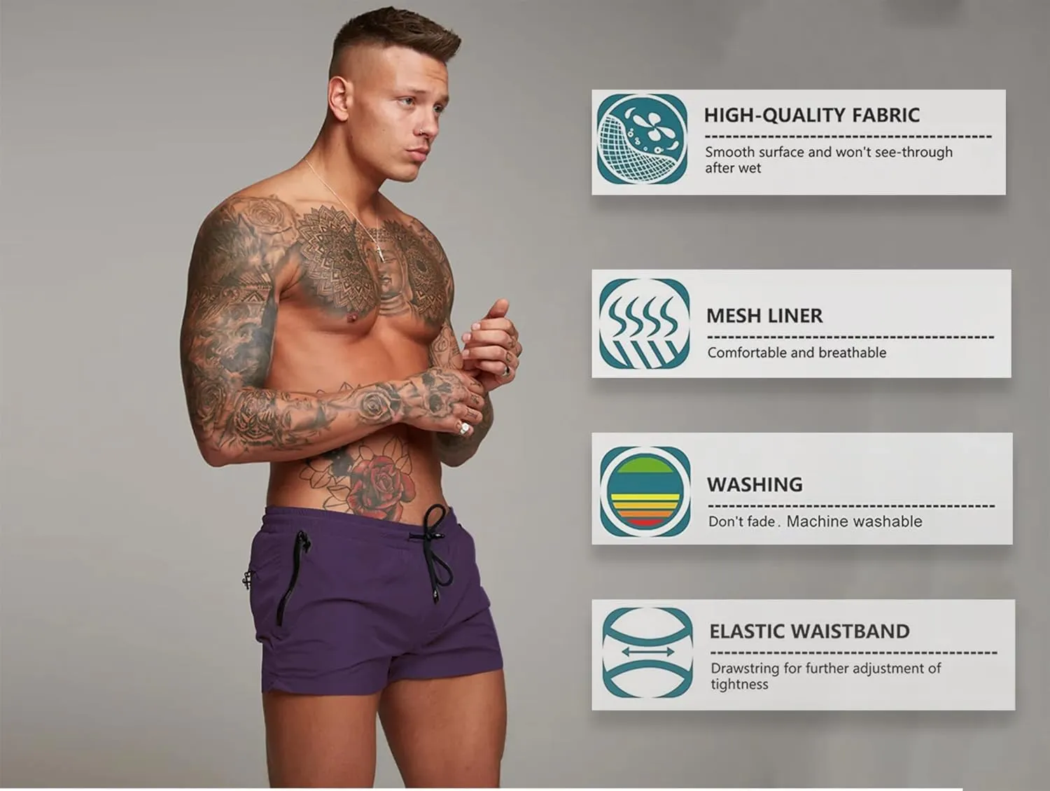 Mens Swim Trunks Quick Dry Swimwear Zipper Pockets, Swim Shorts with Mesh Lining