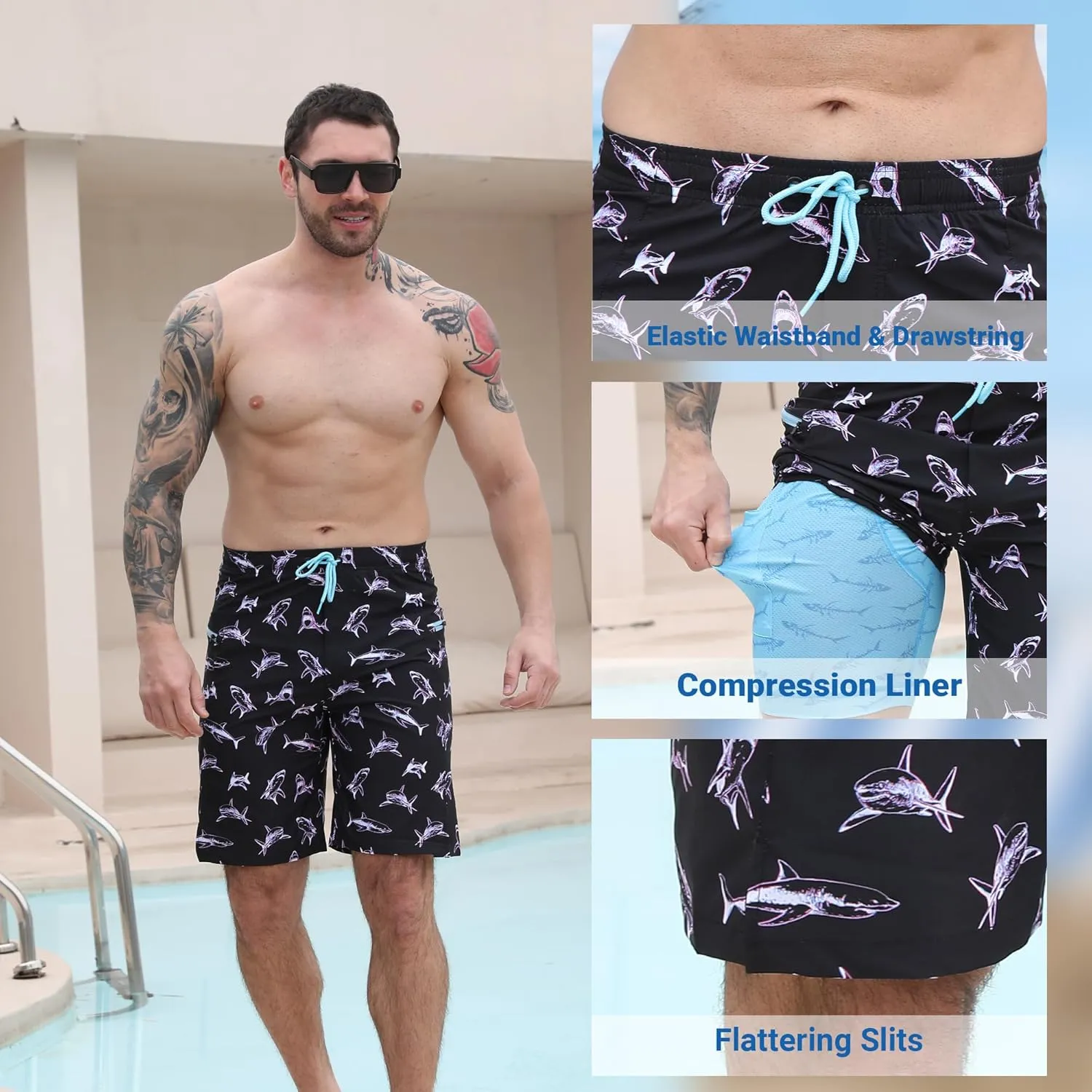 Men's Swim Trunks with Compression Liner Swim Shorts Board Shorts 9 Inch Quick Dry Bathing Suit with Zipper Pockets