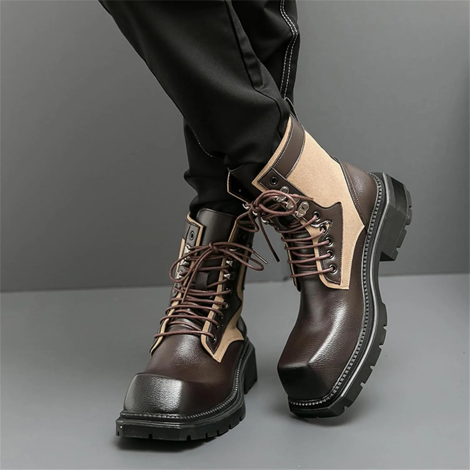 Mens Vintage Leather Chunky Heels Ankle Chukka Boots Casual Square Toe Platform Lace Up Dress Booties for Party Walking Combat Boots