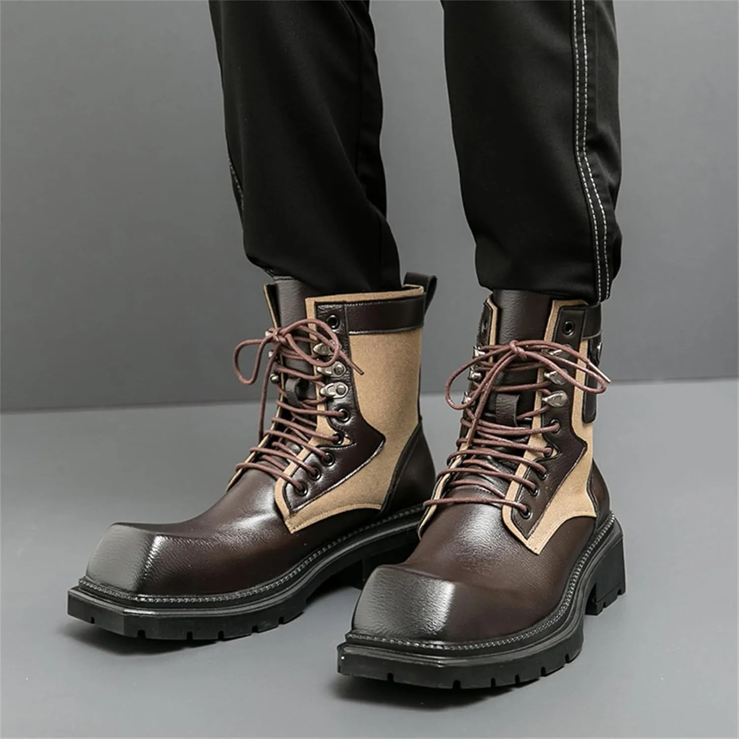 Mens Vintage Leather Chunky Heels Ankle Chukka Boots Casual Square Toe Platform Lace Up Dress Booties for Party Walking Combat Boots