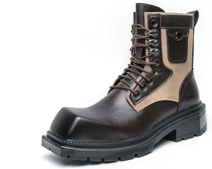 Mens Vintage Leather Chunky Heels Ankle Chukka Boots Casual Square Toe Platform Lace Up Dress Booties for Party Walking Combat Boots