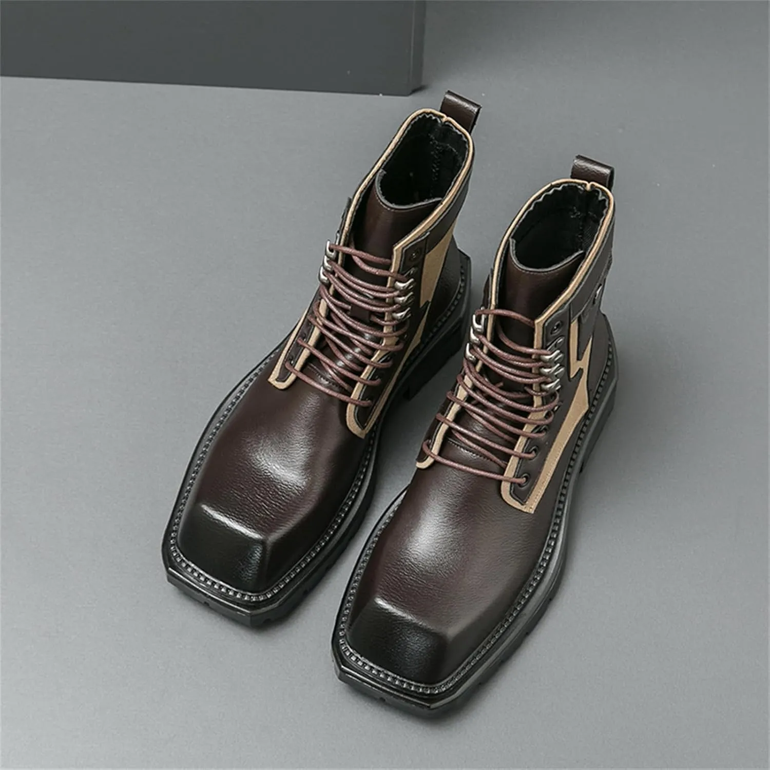 Mens Vintage Leather Chunky Heels Ankle Chukka Boots Casual Square Toe Platform Lace Up Dress Booties for Party Walking Combat Boots