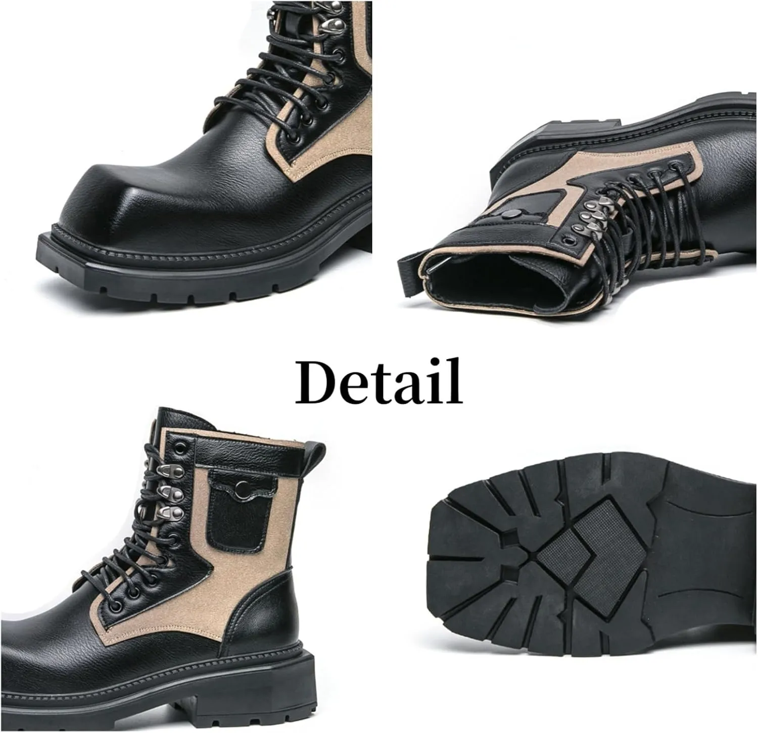 Mens Vintage Leather Chunky Heels Ankle Chukka Boots Casual Square Toe Platform Lace Up Dress Booties for Party Walking Combat Boots