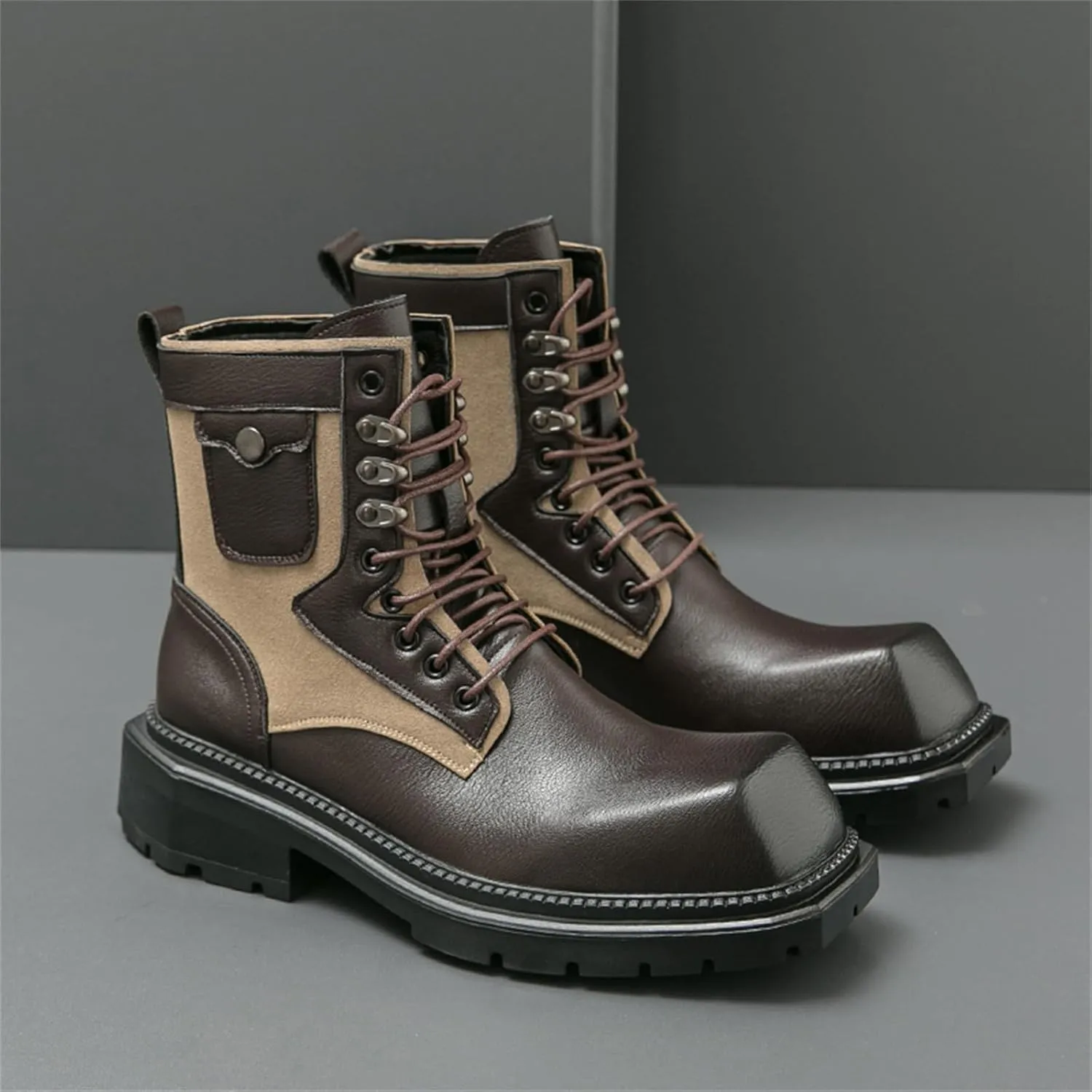 Mens Vintage Leather Chunky Heels Ankle Chukka Boots Casual Square Toe Platform Lace Up Dress Booties for Party Walking Combat Boots