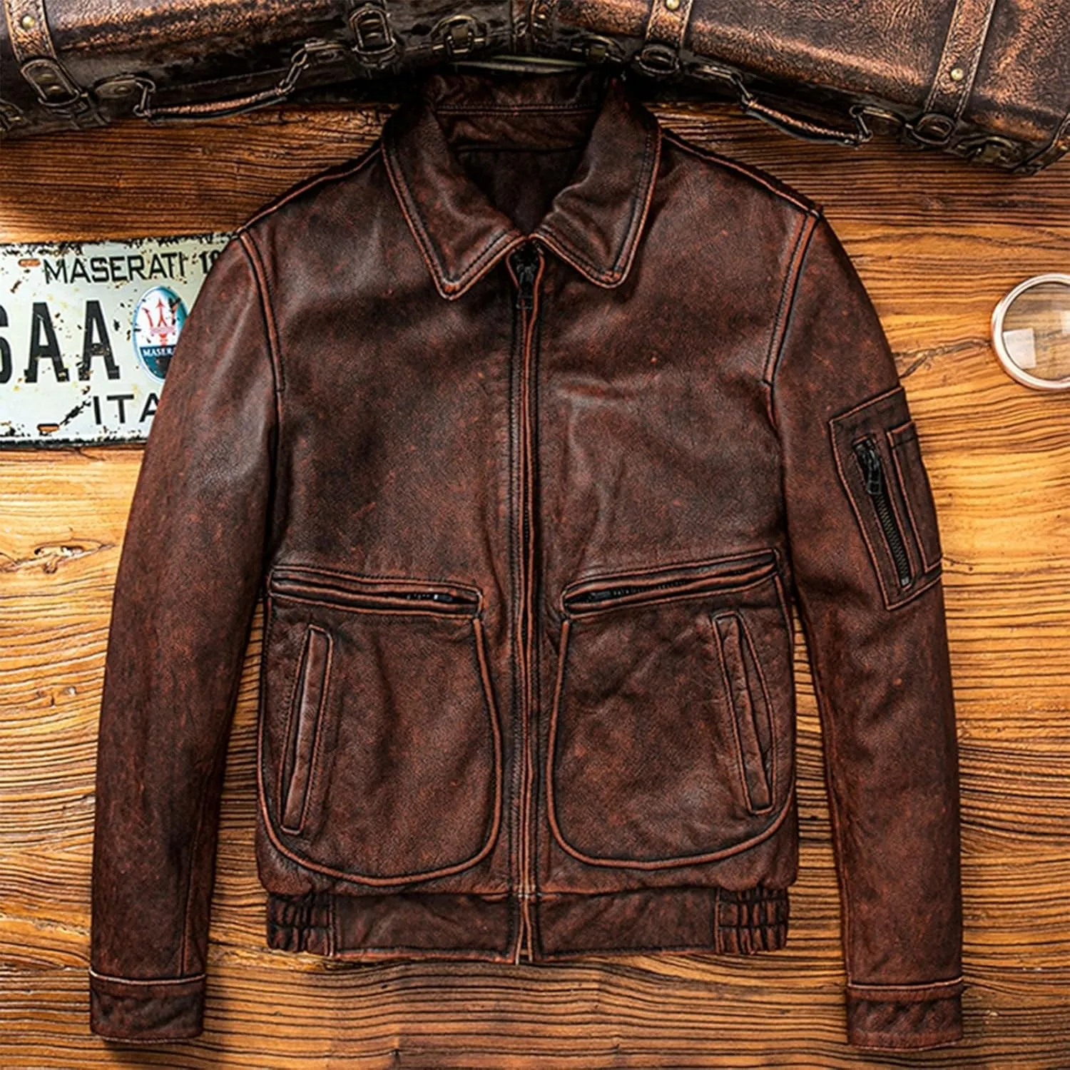 Mens Vintage Red Brown Pilot Leather Jacket Military Natural Cowhide Aviation Genuine Leather Coat