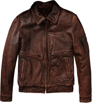 Mens Vintage Red Brown Pilot Leather Jacket Military Natural Cowhide Aviation Genuine Leather Coat