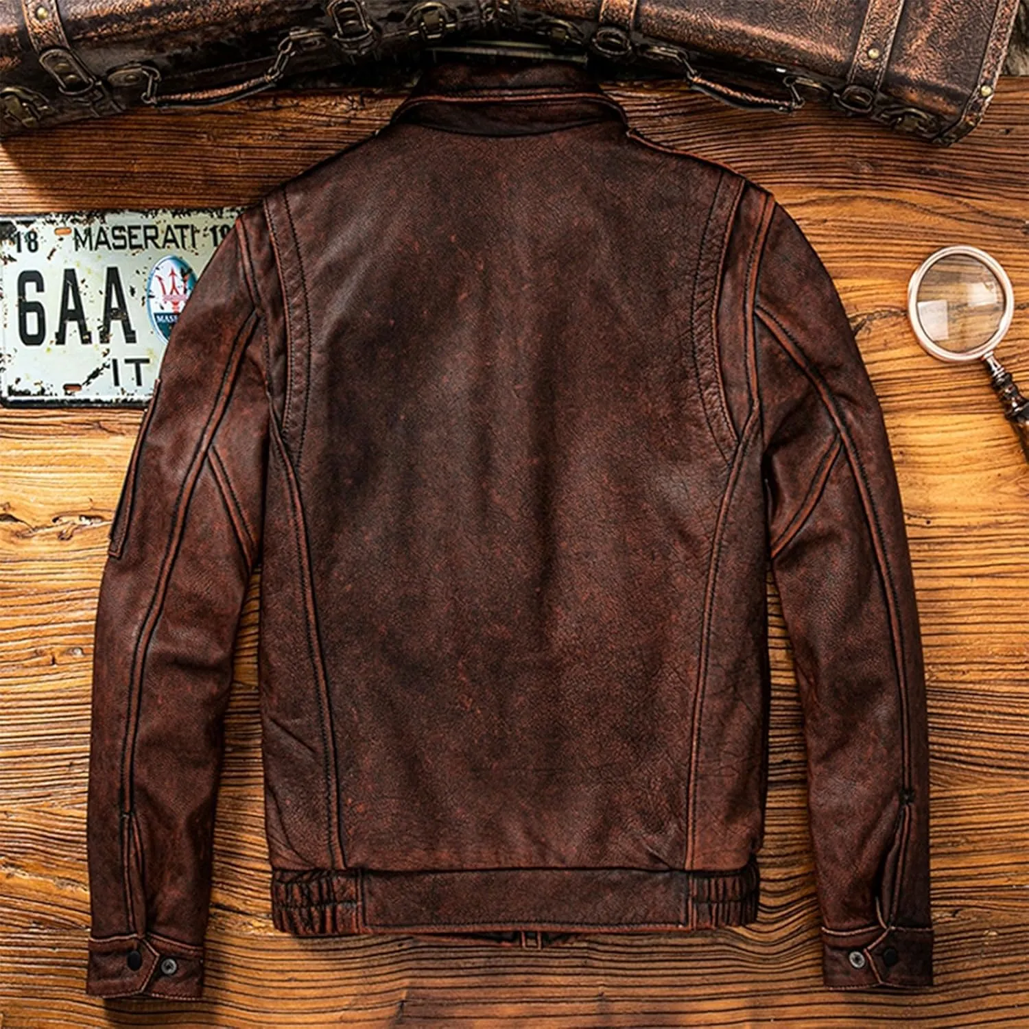 Mens Vintage Red Brown Pilot Leather Jacket Military Natural Cowhide Aviation Genuine Leather Coat
