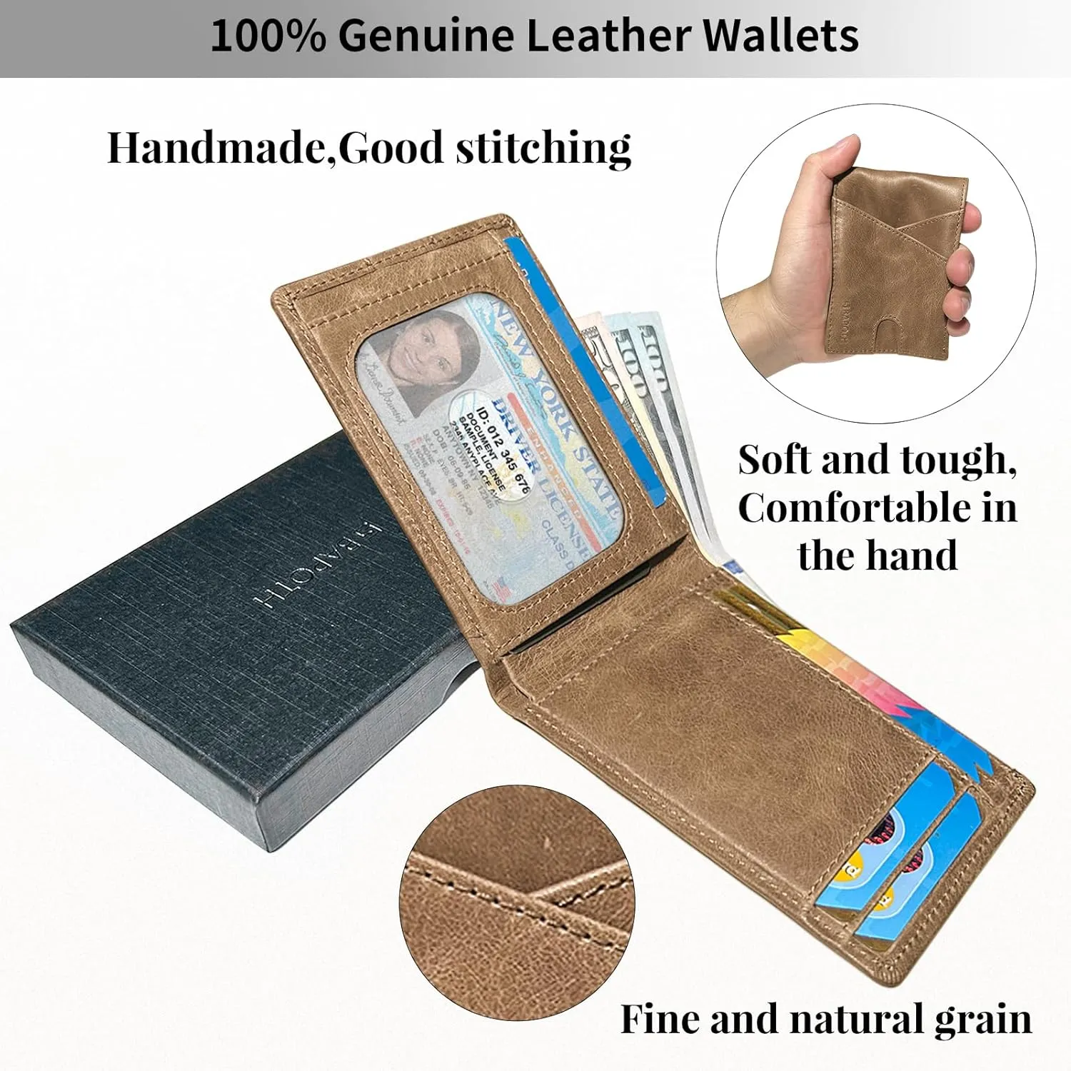 Mens Wallets Leather, Genuine Leather Wallets for Men, Bifold RFID Wallet for Men Slim with ID Window|Bills Slot|9 Card Slots, 2 Outer Pocket Slim Wallet for Men with Gift Box Packaging