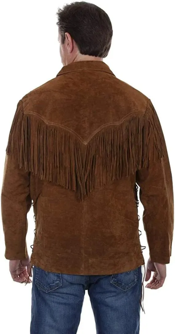 Men's Western Cowboy Suede Leather Shirt | Native American Shirts with Fringes| Vintage Lace-Up Pullover Shirt