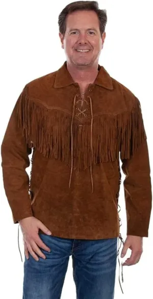 Men's Western Cowboy Suede Leather Shirt | Native American Shirts with Fringes| Vintage Lace-Up Pullover Shirt