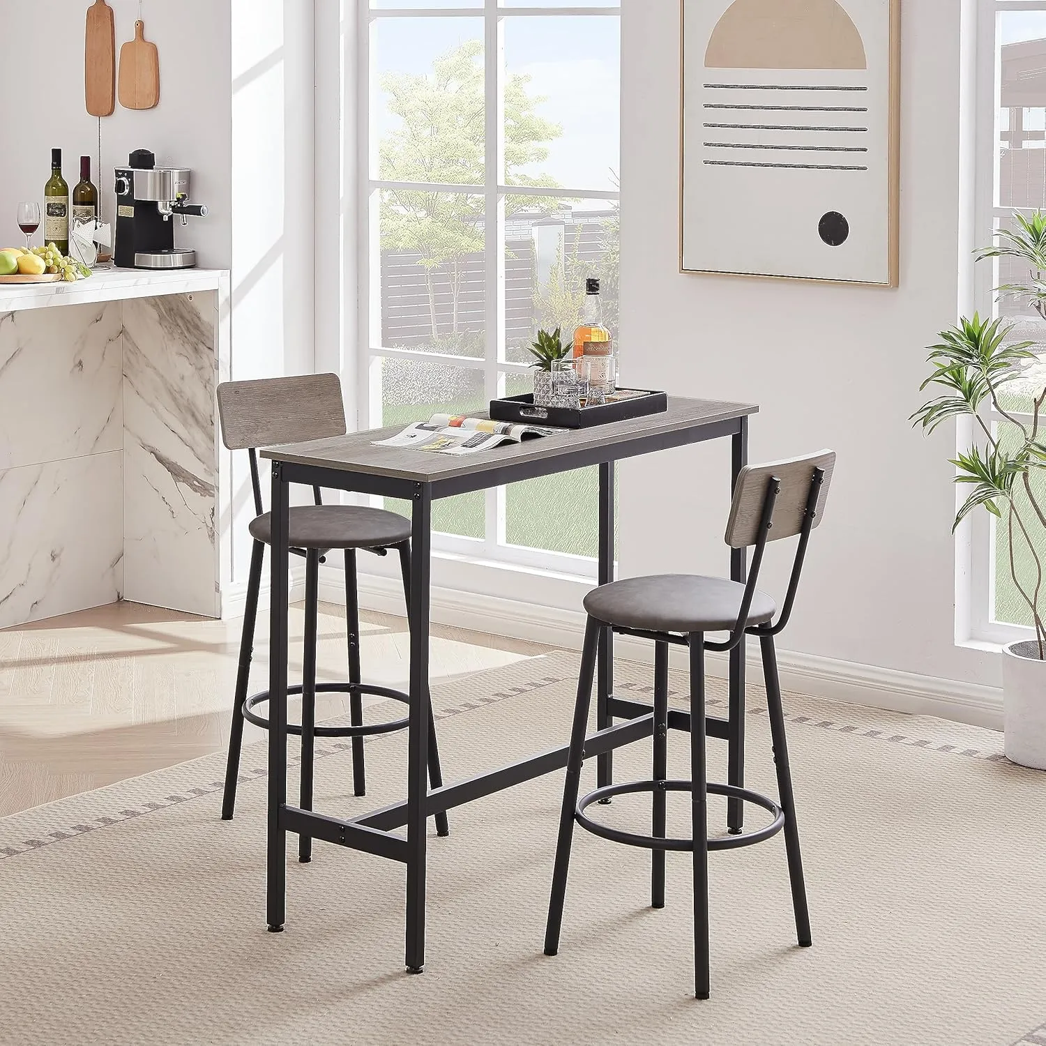 Merax 3 Piece Pub Table Set with Stools for Small Space Industrial Kitchen Bar Table Set for 2