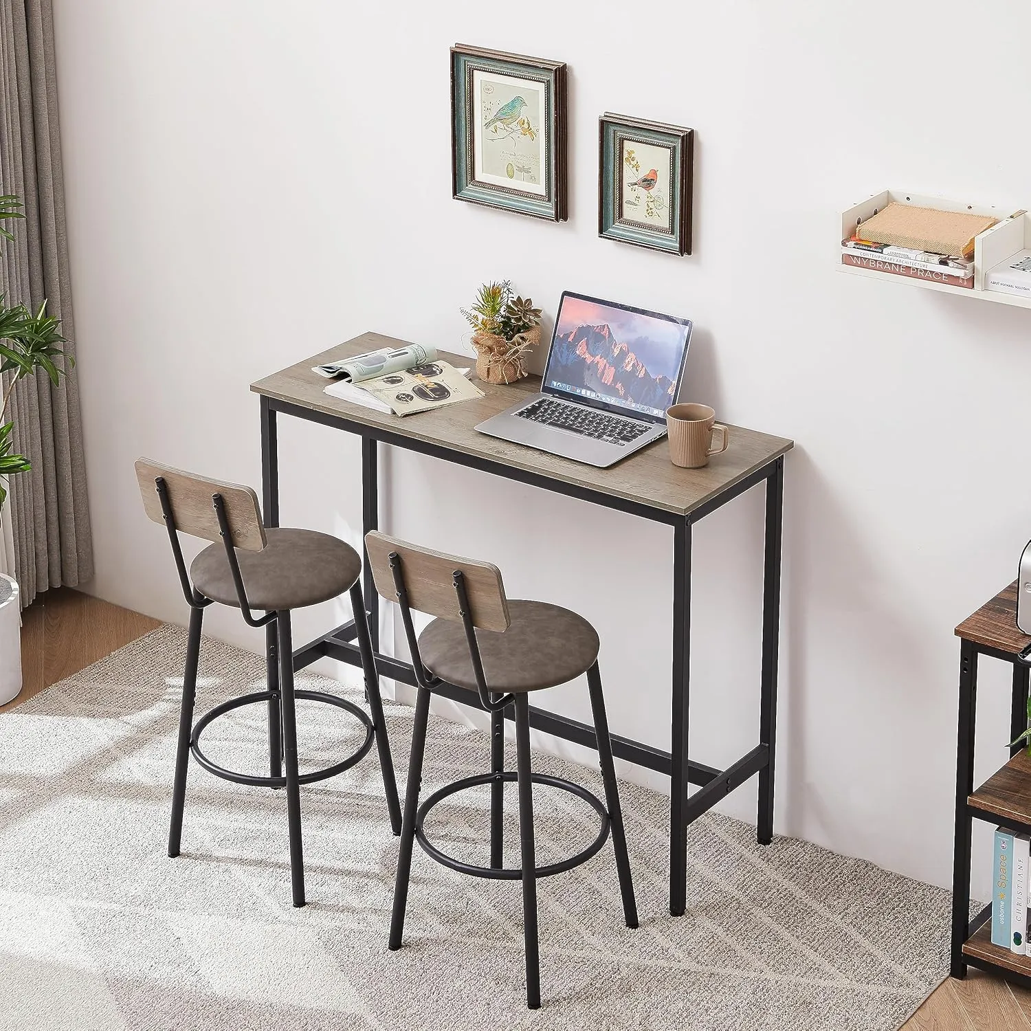 Merax 3 Piece Pub Table Set with Stools for Small Space Industrial Kitchen Bar Table Set for 2