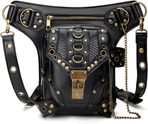 MIAOCOS Steampunk Leather Crossbody Bag for Women Vintage Motorcycle Purse 3 Straps 4-Way Shoulder Waist Backpack