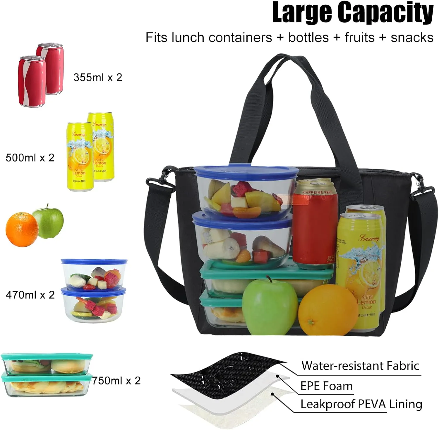 MIER Lunch Bags for Women Large Insulated Lunch Tote Bag Lunchbox Container for Work College Travel Beach, Adjustable Shoulder Strap (Black)