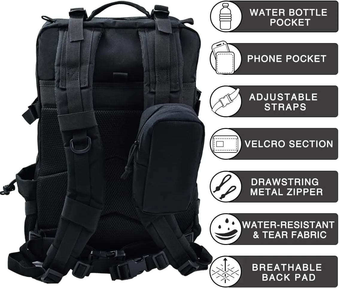 Military Tactical Backpack,Sturdy Work & Molle Laptops Rucksack, Heavy Duty Pack for Hiking Camping Travel Fishing Gym,Black