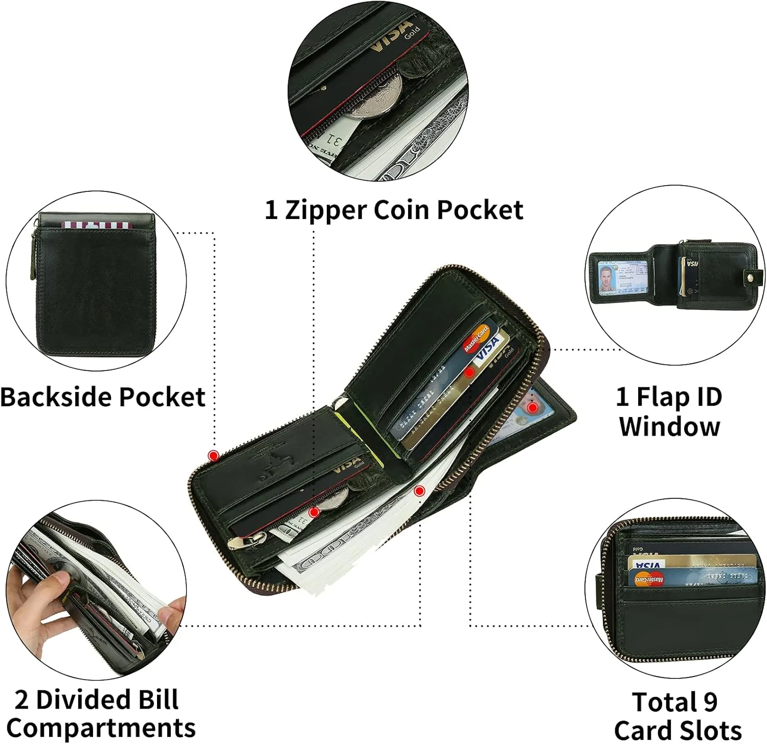 MING CLAN Zipper Wallet Men RFID Blocking Leather Bifold Wallets For Men - Flap ID Window Zip Coin Pocket Mens Zipper Wallets - Big Capacity