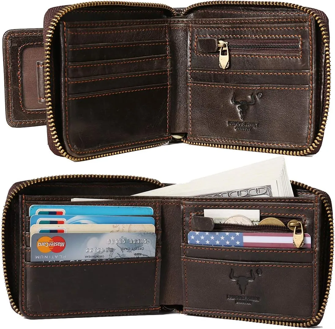 MING CLAN Zipper Wallet Men RFID Blocking Leather Flap ID Window Zip Coin Pocket Bifold Credit Card Wallets -Big Capacity For Travel