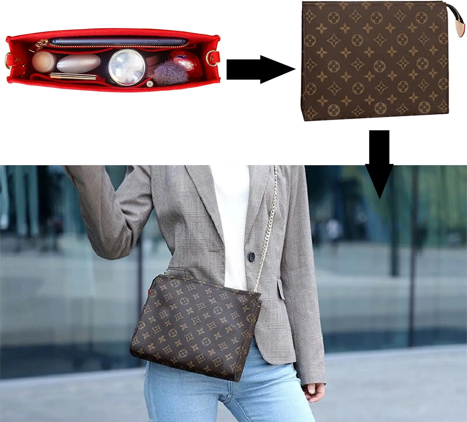 MISIXILE Felt Purse Insert Bag Organizer with Zipper And Gold Buckles,Handbag Organiser Insert fits Toiletry Pouch 19 26