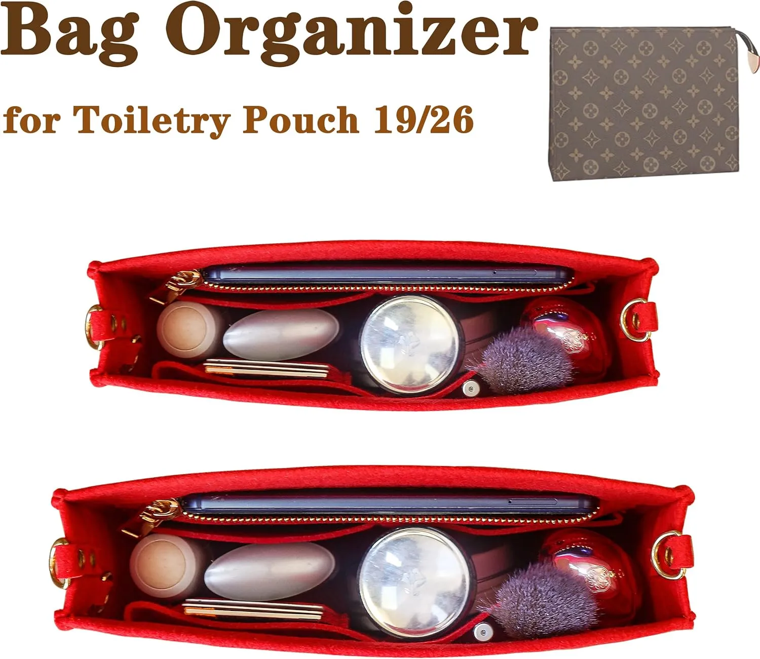 MISIXILE Felt Purse Insert Bag Organizer with Zipper And Gold Buckles,Handbag Organiser Insert fits Toiletry Pouch 19 26