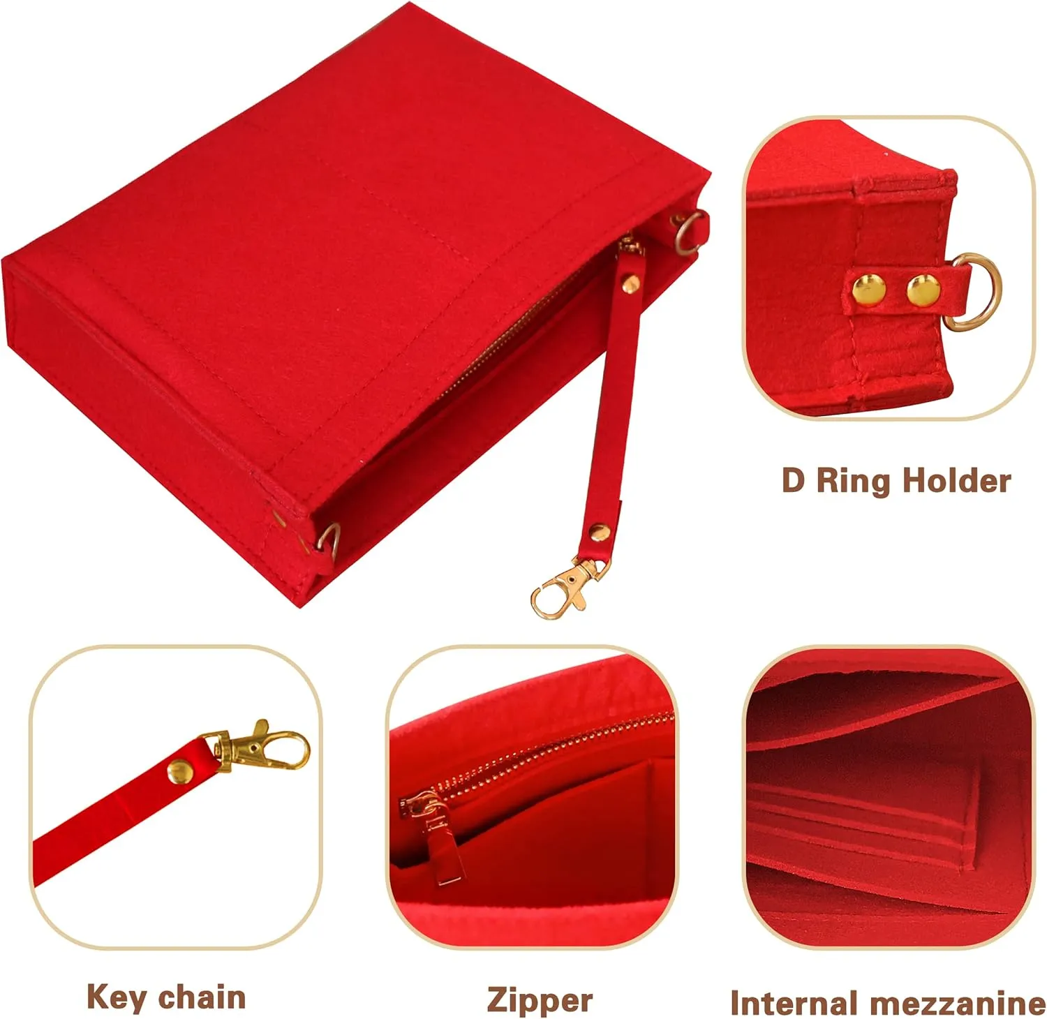 MISIXILE Felt Purse Insert Bag Organizer with Zipper And Gold Buckles,Handbag Organiser Insert fits Toiletry Pouch 19 26