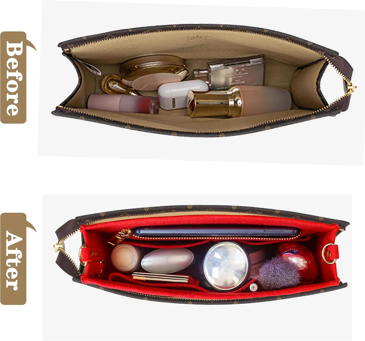 MISIXILE Felt Purse Insert Bag Organizer with Zipper And Gold Buckles,Handbag Organiser Insert fits Toiletry Pouch 19 26
