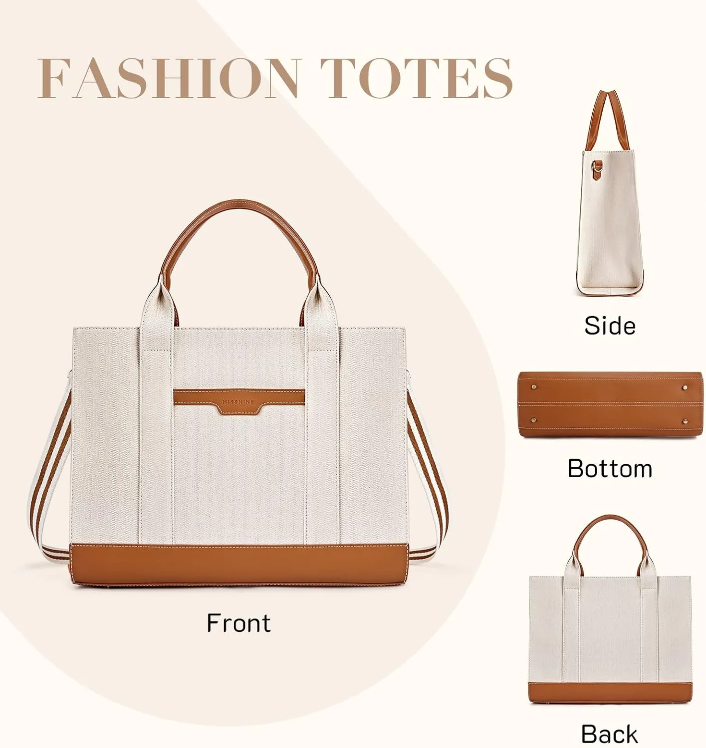 Missnine Tote Bag Canvas Laptop Bag 15.6 inch Briefcase for Women Large Capacity Handbag for Office, School, Travel