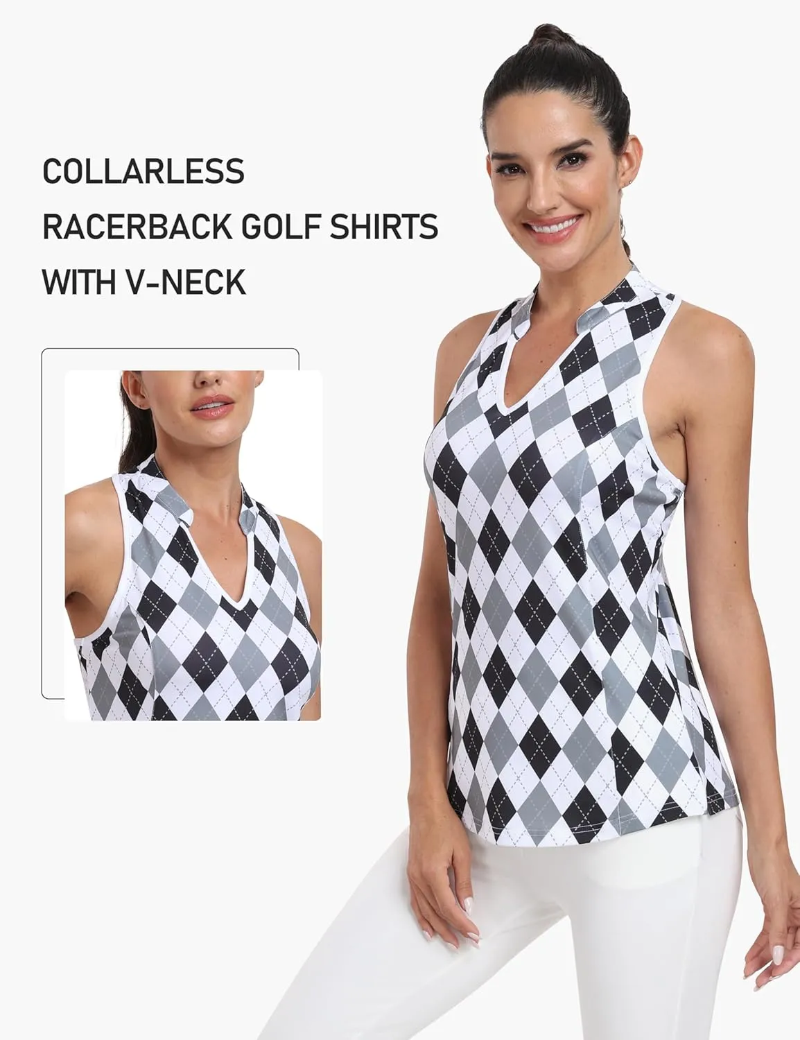 MoFiz Women Racerback Sleeveless Golf Polo Shirts V-Neck Collarless Tennis Running Tank Tops Quick Dry Athletic Casual