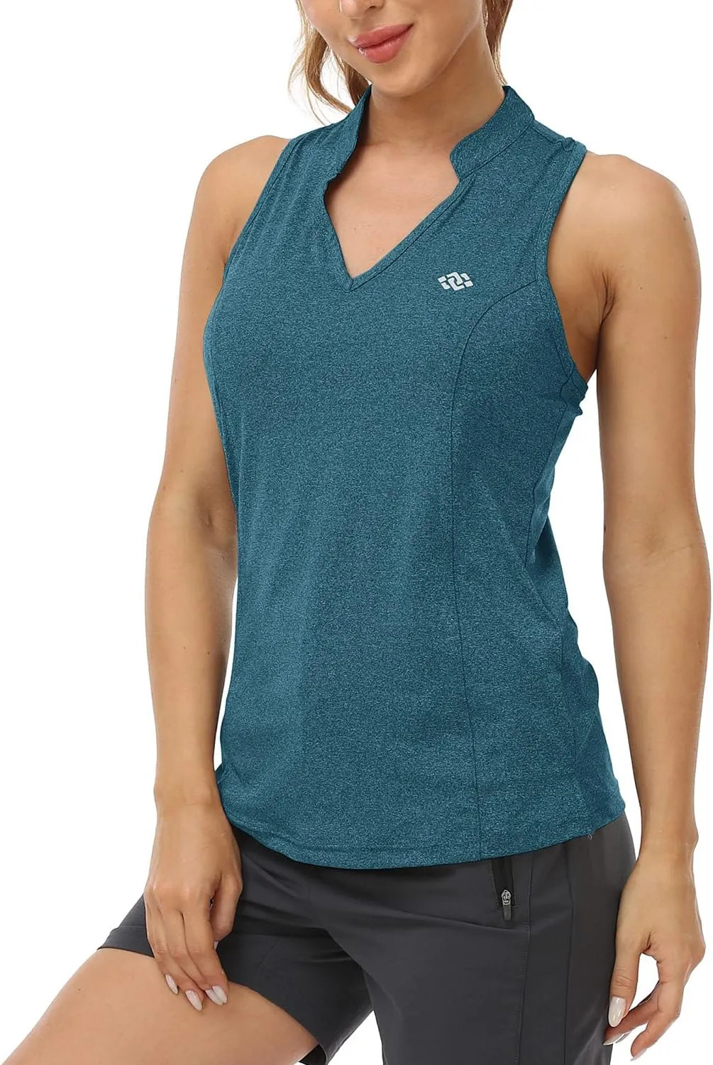 MoFiz Women Racerback Sleeveless Golf Polo Shirts V-Neck Collarless Tennis Running Tank Tops Quick Dry Athletic Casual
